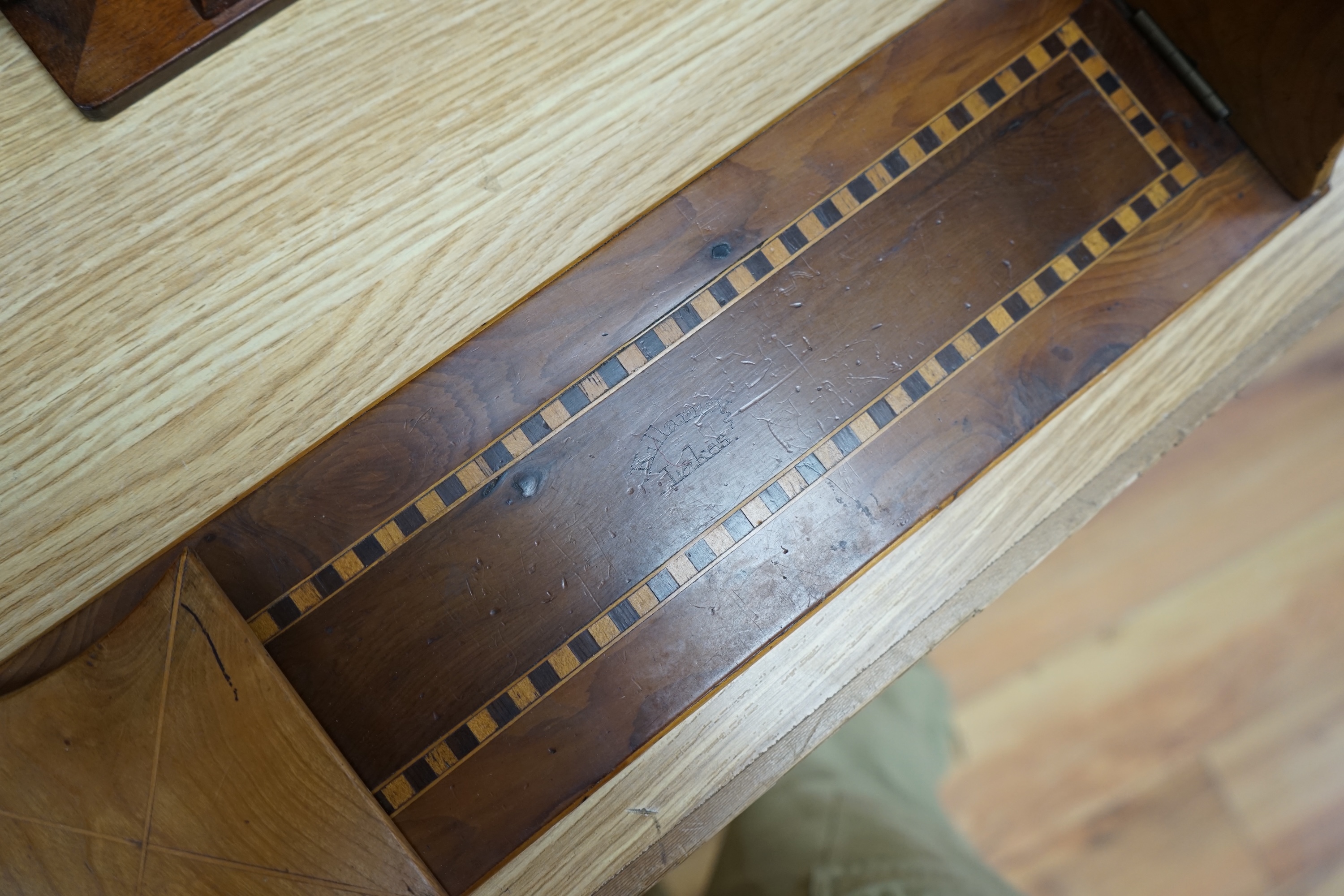 A specimen wood marquetry 'sunray' box, a marquetry tray and a Killarney yew wood bookrest, largest piece 46cm wide. Condition - some scuffs, otherwise good